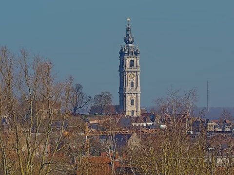 Baroque belfry tower of the city of Mons and surroundings, high angle view from terril de l`Heribus 