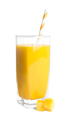 Glass of tasty mango smoothie and fruit slice on white background