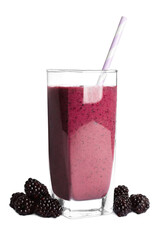 Fototapeta na wymiar Glass of tasty blackberry smoothie and fresh fruits on white background