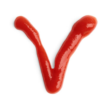 Letter V written with ketchup on white background