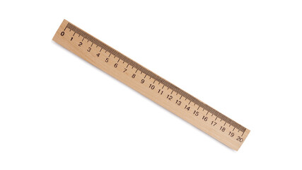 Wooden ruler with measuring length markings in centimeters isolated on white, top view