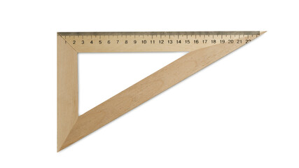 Wooden triangle with measuring length markings isolated on white, top view