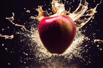 Sweet apple golden juice explosion, splash through flying fruits. Nectar, extract, essemce of fresh falling red and green apples. Juicy, refreshing drink. Vfx shot, fluid simulation. 3d illustration