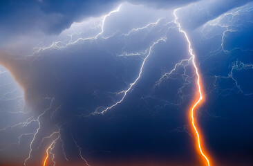 dramatic and powerful tornado. Lightning thunderstorm flash over the night sky. Concept on topic...
