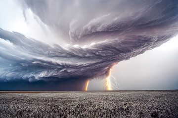 dramatic and powerful tornado. Lightning thunderstorm flash over the night sky. Concept on topic weather, cataclysms (hurricane, Typhoon, tornado, storm). Stormy Landscape.