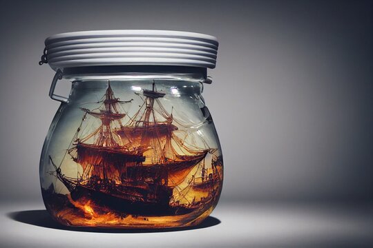 A pirate ship inside a jar, with fire