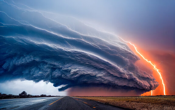 dramatic and powerful tornado. Lightning thunderstorm flash over the night sky. Concept on topic weather, cataclysms (hurricane, Typhoon, tornado, storm). Stormy Landscape.