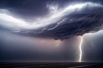 dramatic and powerful tornado. Lightning thunderstorm flash over the night sky. Concept on topic...
