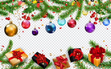 Christmas illustration with New Year pine branches, hanging colored balls, gift boxes, pieces of serpentine, holly leaves and red berries, isolated on transparent background