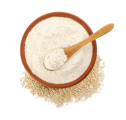 Quinoa flour in wooden bowl and seeds on white background