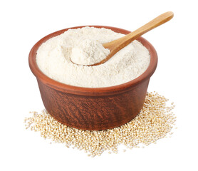 Quinoa flour in wooden bowl and seeds on white background