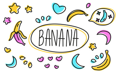 Bananas sticker pack. Cute set of stickers with bananas, hearts, stars, moon, drops. Cartoon style vector illustration. Set of elements in trendy.
Great for greeting cards, print shops.