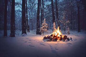A cozy wooden campfire in a snowy forest, winter - obrazy, fototapety, plakaty
