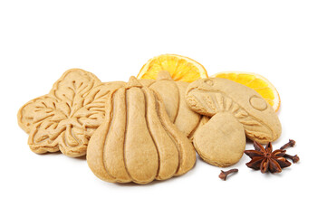 Different tasty cookies and spices on white background