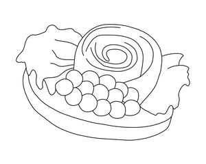Sandwich with caviar, lettuce and salmon rosette. Outline on a white background hand drawn illustratio