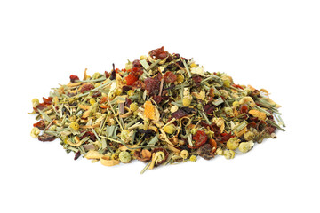 Pile of aromatic herbal tea isolated on white