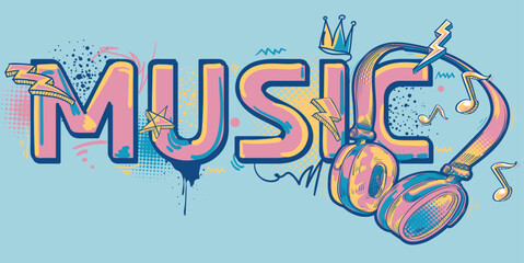 Music - graffiti drawn headphones and notes musical design