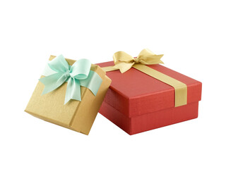 two colorful gift boxes (gold and red) with ribbon bow isolated on white