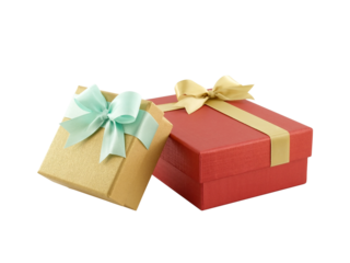 two colorful gift boxes (gold and red) with ribbon bow isolated on white