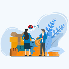 Business man makes great deals, gets bonuses and cashback. online shopping, earn points, loyalty program, refer friends, discount, customer service. Vector illustration in flat design