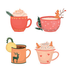 Set of Christmas hot drinks in colorful mugs. Detailed New Years illustrations.