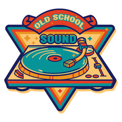 Old School Sound - Colorful retro music vinyl record player turntable emblem