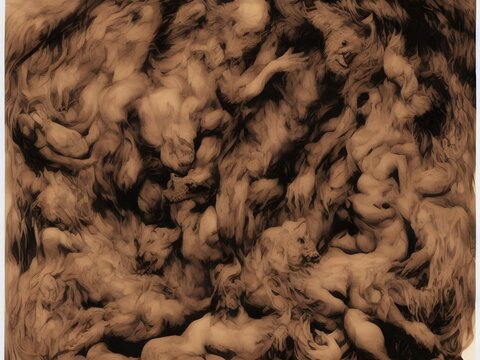 Monster beasts, men and women in sensual sexy orgy artistic painting, furr everywhere, sexual fantasy dream