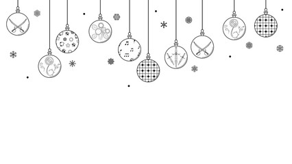 Black Doodle Outline Simple Line Abstract Maerry Christmas Xmas Balls With Snowflakes Holiday Decorations Happy New Year Background Vector Design Style