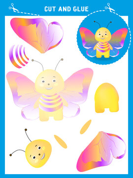 Cut and glue game for kids. Vector illustration of cute butterfly.Education paper game for children. Cutout and gluing