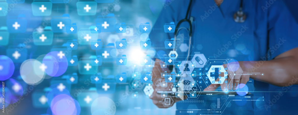 Poster medical doctor hand holding digital tablet chatbot conversation app interface and artificial intelli