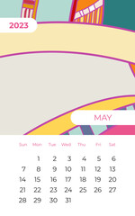 2023 May calendar abstract contemporary art vector. Desk, screen, desktop month 05, 2023, colorful 2023 calendar template, agenda pattern. Psychedelic calendar, day planner starts Sunday. May page.