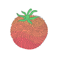 Continuous one line drawing whole healthy organic tomato for farming logo identity. Fresh tropical vegetable for vegie garden icon. Swirl curl style. Single line draw design vector illustration