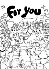 : Cartoon Santa Claus receives a gift from the people on Christmas Day