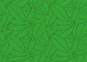 敷き詰められた葉っぱ、新緑の背景イラスト、葉っぱのリピートパターン、新緑の壁紙、若葉のテキスタイル、リーフのテキスタイルデザイン