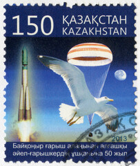 KAZAKHSTAN - CIRCA 2013: A stamp printed in Kazakhstan devoted 50th anniversary of spaceflight of...