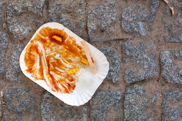 Paper plate thrown on the street with the remains of fries and ketchup, a small wooden skewer and an old piece of chewing gum, Berlin - 538145234