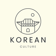 hanok house with emblem line art vector logo illustration design, traditional korean architecture
