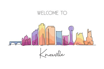 One single line drawing Knoxville city skyline, Tennessee. World historical town landscape. Best holiday destination postcard. Editable stroke trendy continuous line draw design vector illustration - obrazy, fototapety, plakaty
