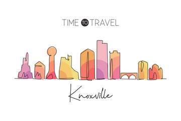 One continuous line drawing of Knoxville city skyline, Tennessee. Beautiful landmark. World landscape tourism travel home wall decor poster print. Stylish single line draw design vector illustration - obrazy, fototapety, plakaty