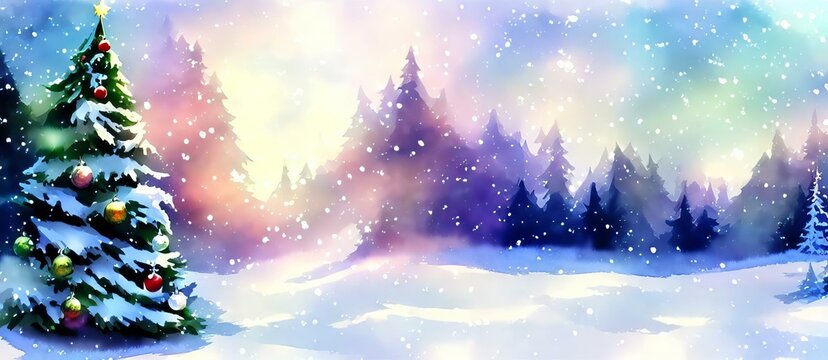 A Painting Of A Christmas Tree In A Snowy Landscape, Delightful Winter Landscape Wallpaper Background. Digital Cg Illustration.