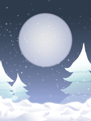 décor hiver de nuit pleine lune neige et sapins bleu et blancs