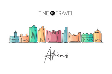One single line drawing Athens city skyline, Georgia. World historical town landscape. Best holiday destination postcard. Editable stroke trendy continuous line draw design vector graphic illustration