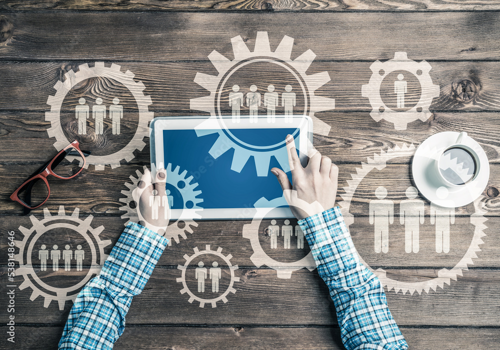 Poster concept of teamworking and connection with gears mechanism and tablet pc