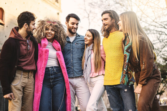 Multiethnic Group Of Happy Best Friends Hugging And Talking On City Street - Friendship, Travel, People, Leisure And Teenage Concept