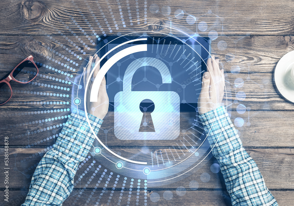 Poster concept of computer access with media lock icon on tablet screen