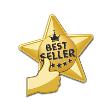 Advertising gold star sticker best seller with thumb up and crown. Illustration, vector on transparent background
