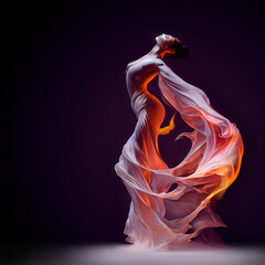 spanish flamenco dancer in long fire dress, surreal sculpture of a ballet dancer wrapped in a long cloth, young woman in front of black background, fictional person created with generative ai - obrazy, fototapety, plakaty
