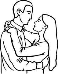 Fototapeta na wymiar Couple in love. A man and a woman are hugging. Embrace. Black and white linear drawing. Vector illustration
