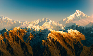 Panoramic view of himalayas mountains, Mount Everest. Panoramic view of the snowy mountains in Upper Mustang, Annapurna Nature Reserve, Nepal.   - obrazy, fototapety, plakaty
