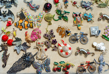 Bright brooches with shiny rhinestones in the form of birds, fish, insects and various animals.